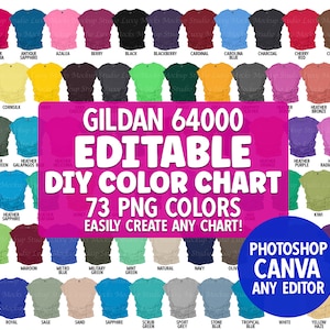 Editable Color Chart Gildan 64000 T-shirt 73 PNG Transparent Swatches | Any Editor | G640 | Includes Full Color Chart + Size Chart