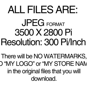 Op de afbeelding: Tekst die luidt: "ALL FILES ARE: JPEG FORMAT 3500 X 2800 Pi Resolution: 300 Pi/Inch There will be NO WATERMARKS, NO "MY LOGO" or "MY STORE NAME" in the original files that you will download."