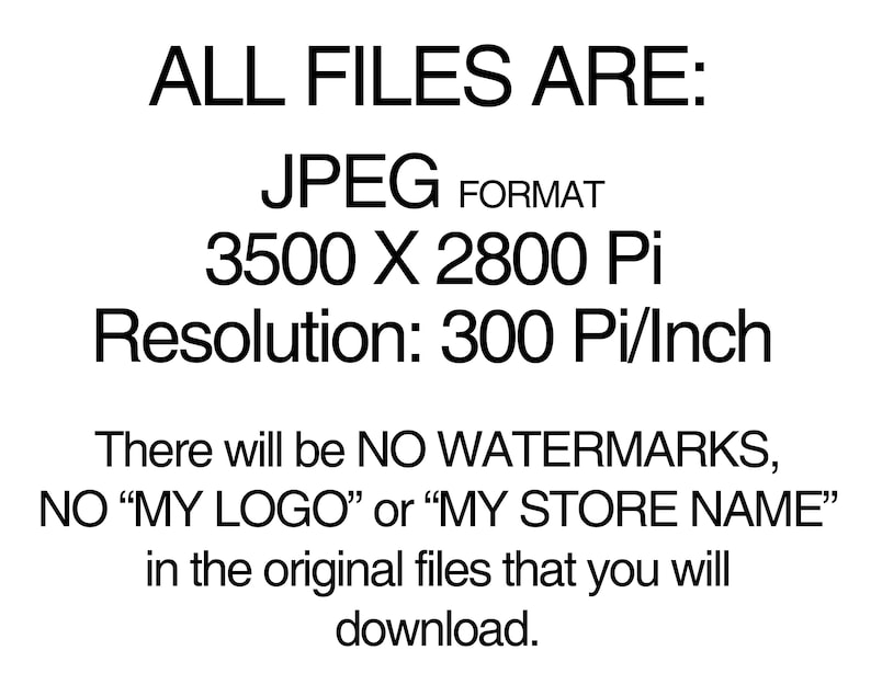 Op de afbeelding: Tekst die luidt: "ALL FILES ARE: JPEG FORMAT 3500 X 2800 Pi Resolution: 300 Pi/Inch There will be NO WATERMARKS, NO "MY LOGO" or "MY STORE NAME" in the original files that you will download."