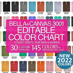 Tabla de colores editable Bella Canvas 3001 Camisas dobladas 145 archivos PNG transparentes + 30 plantillas JPEG / Maqueta de camiseta para hombres y mujeres Tabla personalizada