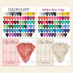 2 tablas de colores + 2 tablas de tallas Gildan 64000 / Las tablas de colores contienen 70 colores de la camiseta Gildan Softstyle G640 / incluye maquetas para mujeres