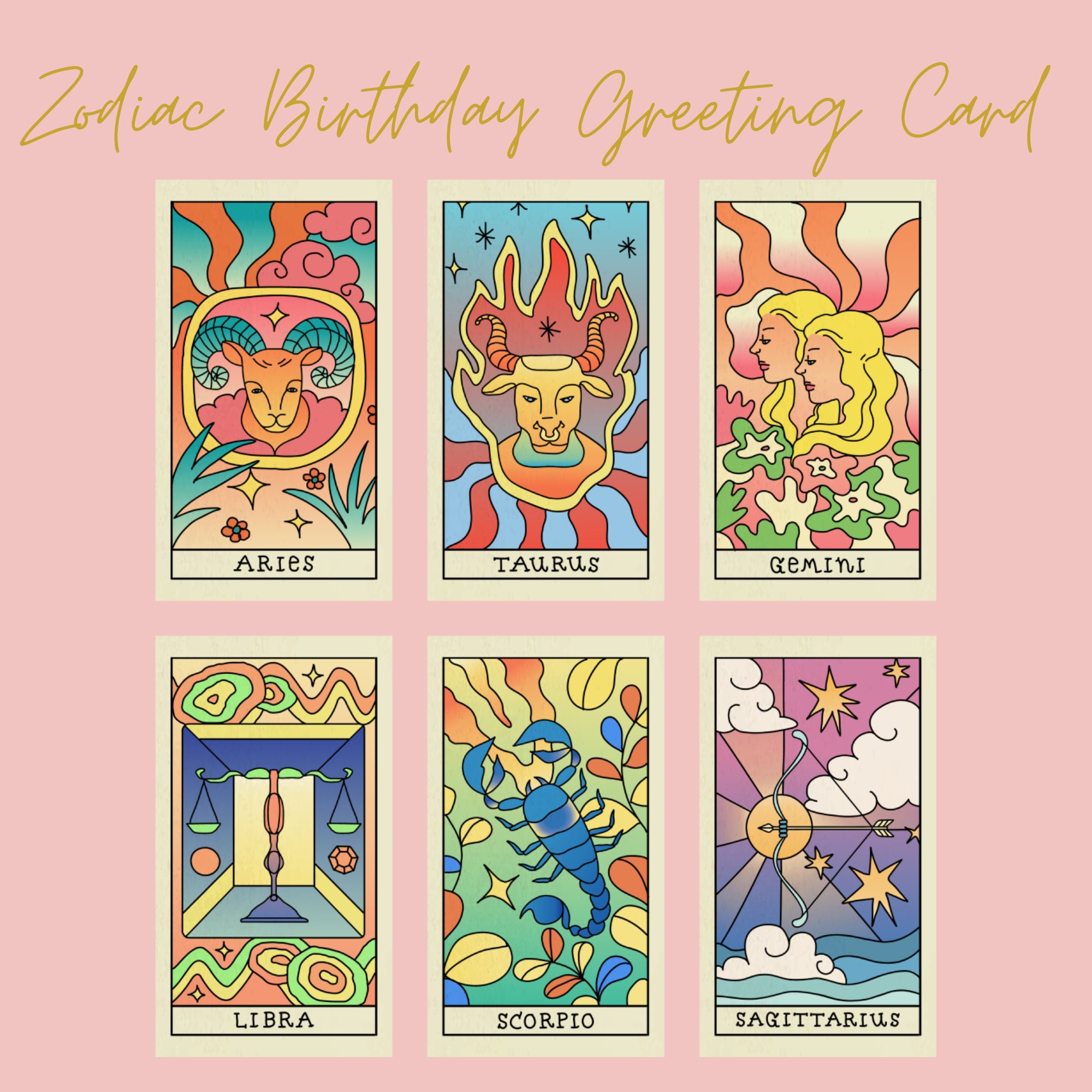 Zodiac Sign Birthday Card Happy Birthday Greeting Card Etsy