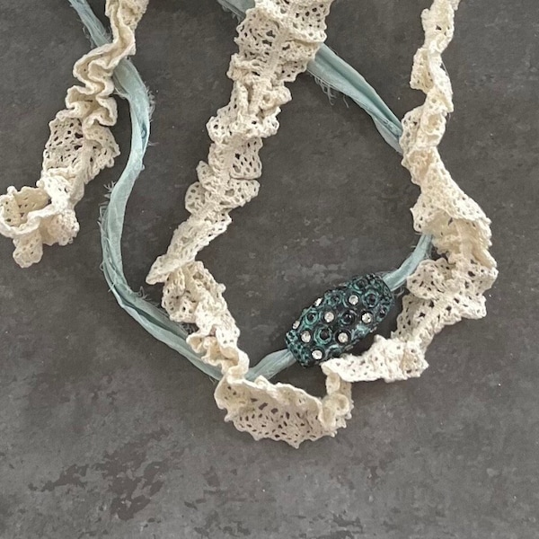 Noli Crochet Lace and Sari Silk Necklace, Bracelet, Bohemian, Shabby Chic, Romantic Gift