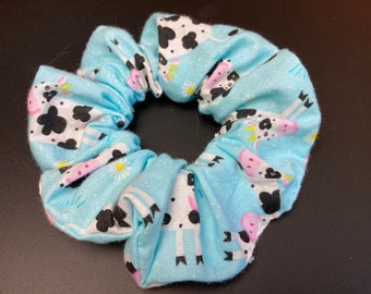 Sarah - Cows & Daisies on Light Blue Scrunchie