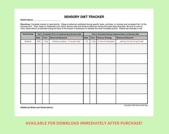 Minimal Sensory Diet Tracker Digital Download | Sensory Processing Disorder, ADHD, Autism | Sensory Diet | Occupational Therapy Sensory Diet