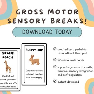 Puede incluir: Tarjetas educativas coloridas para pausas sensoriales motoras gruesas. Las tarjetas presentan ilustraciones de una jirafa y un conejo, con instrucciones para cada actividad. El texto incluye "Gross Motor Sensory Breaks!" y "Download Today".
