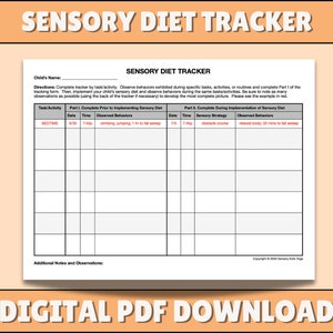 Sensory Diet Tracker Digital Download | Sensory Processing Disorder, ADHD, Autism | Sensory Strategies | Occupational Therapy Sensory Diet