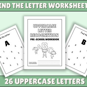 Hojas de trabajo simples de reconocimiento de letras mayúsculas A-Z / Preparación preescolar / Niño pequeño Encuentra la letra / Libro de trabajo para niños pequeños y preescolar, edades 2+