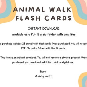 Puede incluir: Un gr&aacute;fico de descarga digital con el texto "ANIMAL WALK FLASH CARDS". El dise&ntilde;o incluye remolinos de colores pastel arco&iacute;ris y texto que indica que la descarga incluye 22 tarjetas did&aacute;cticas disponibles como archivos PDF y PNG.