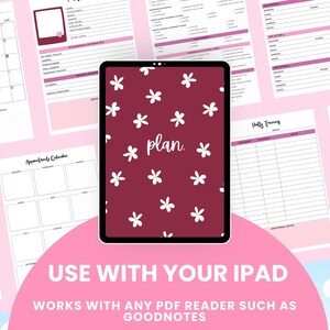 Puede incluir: Un planificador digital con un patr&oacute;n floral y la palabra "plan" en texto blanco. El planificador se muestra en una tableta con un fondo rosa. El texto "UTILIZA CON TU IPAD" y "FUNCIONA CON CUALQUIER LECTOR DE PDF COMO GOODNOTES" se muestra debajo de la tableta.