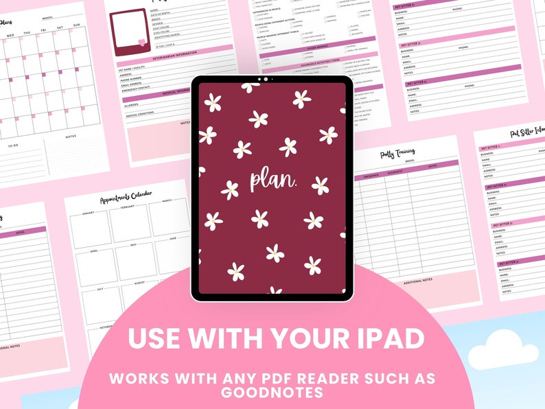 Puede incluir: Un planificador digital con un patr&oacute;n floral y la palabra "plan" en texto blanco. El planificador se muestra en una tableta con un fondo rosa. El texto "UTILIZA CON TU IPAD" y "FUNCIONA CON CUALQUIER LECTOR DE PDF COMO GOODNOTES" se muestra debajo de la tableta.