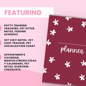 Puede incluir: Una agenda color burdeos con un patr&oacute;n floral blanco y la palabra "planner" en blanco. La agenda incluye secciones para el entrenamiento en el ba&ntilde;o, las visitas al veterinario, las citas y mucho m&aacute;s.