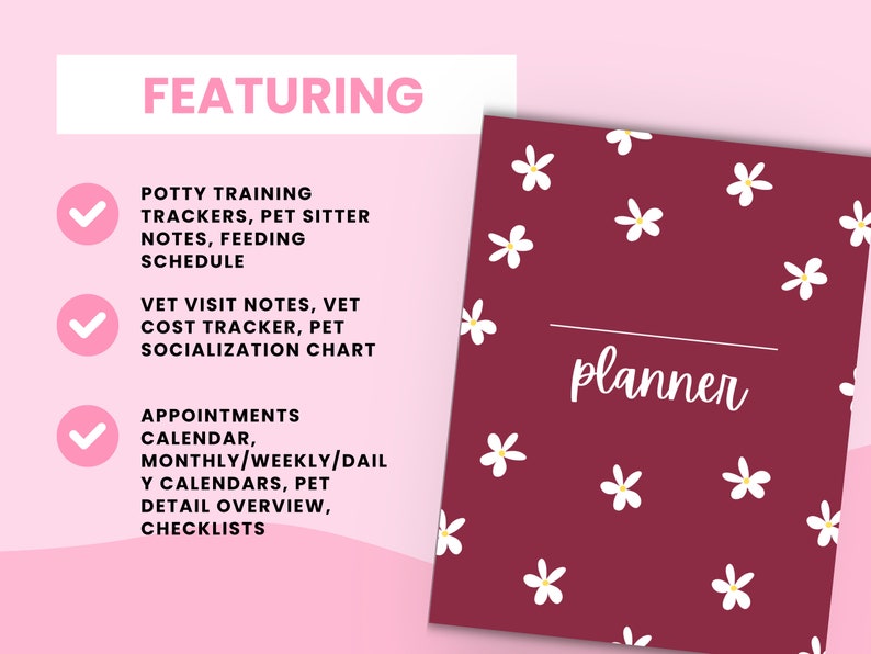 Puede incluir: Una agenda color burdeos con un patr&oacute;n floral blanco y la palabra "planner" en blanco. La agenda incluye secciones para el entrenamiento en el ba&ntilde;o, las visitas al veterinario, las citas y mucho m&aacute;s.