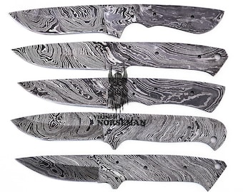 Lot de 5 couteaux à lame à blanc en acier damas pour les fournitures de fabrication de couteaux, A fournitures pour fabriquer des couteaux, lames à blanc en acier Damas (VBB-115)