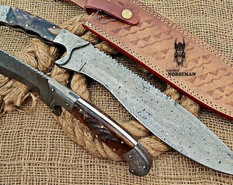 Coltello da caccia in acciaio damasco forgiato a mano da 15" Vikings Norseman Custom Full Tang con impugnatura in corno di montone, coltello da campeggio, coltello da regalo