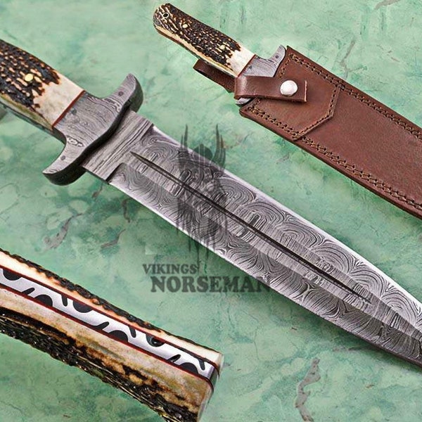 14 « Vikings Norseman Custom Handmade Full Tang Damascus Steel Hunting Bowie Knife avec manche en corne de cerf, couteau de camping, couteau Bowie cadeau
