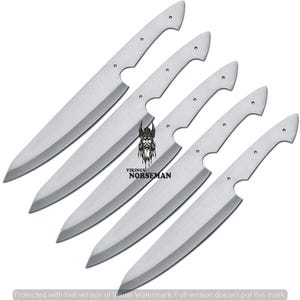 May include: Six stainless steel knife blades with a Viking Norseman logo. The blades are silver and have a pointed tip. The handles have three holes for rivets. The image has the text "VIKINGS NORSEMAN".