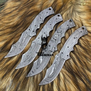 Lot de 4 couteaux à lame vierge en acier damas pour fournitures de fabrication de couteaux, fournitures pour couteaux, lames vierges en acier damas (VBB-159)