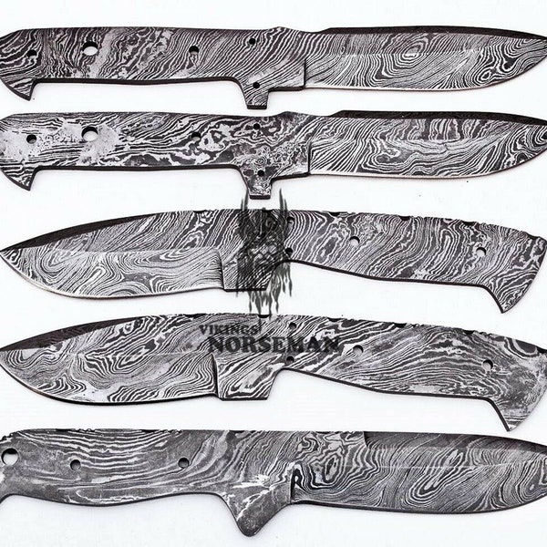 Lot de 5 couteaux à lame à blanc en acier damas pour les fournitures de fabrication de couteaux, A fournitures pour fabriquer des couteaux, lames à blanc en acier Damas (VBB-116)