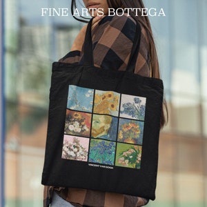 Vincent Van Gogh Flowers Grid Eco Tote Bag | Van Gogh Art | Sunflowers | Grunge Aesthetic | Art Lover | Famous Paintings | Mosaic Collage