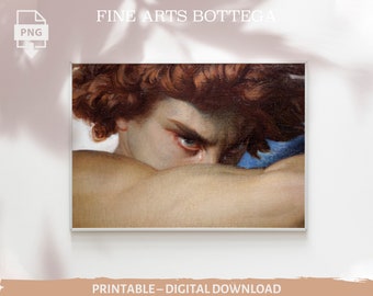 May include: A close-up of a painting depicting a person with red hair, looking down with a serious expression. The person's arm is covering their face, and the background is a blur of blue and white.