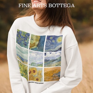 Puede incluir: Sudadera blanca con un diseño de cuadrícula que muestra pinturas de Vincent van Gogh, como "La noche estrellada" y girasoles. El texto "FINE ARTS BOTTEGA" está en la parte superior y "VINCENT VAN GOGH" en la inferior.