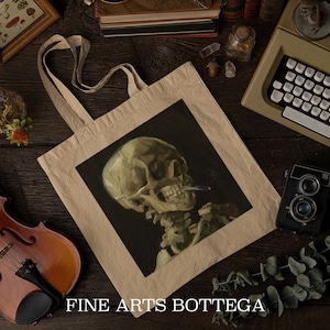 Vincent Van Gogh – Head of a Skeleton with a Burning Cigarette Eco Tote Bag | Classical Famous Old Painting | Creepy Print