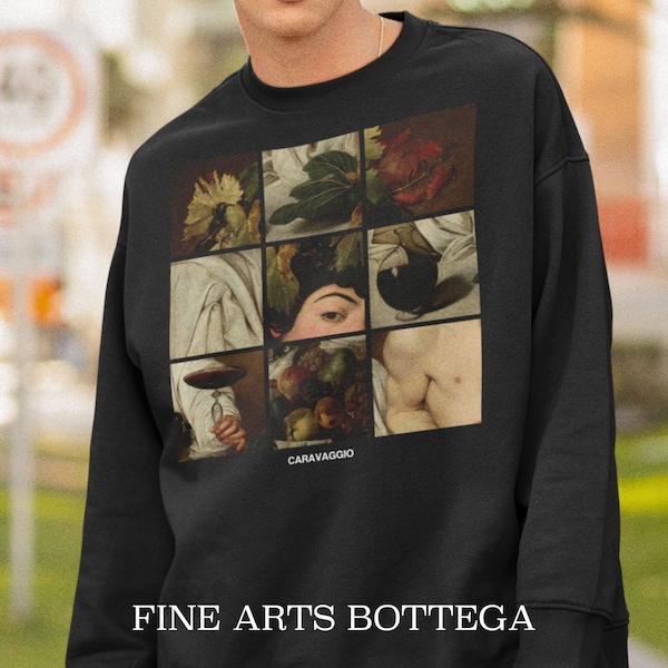 Caravaggio – Bacchus Grid Unisex Sweatshirt | Renaissance Aesthetic | Baroque | Art History Pullover | Art Lover Gift Draft