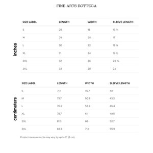 May include: Size chart for a garment with measurements in inches and centimeters. The chart shows the size label, length, width, and sleeve length for sizes S, M, L, XL, 2XL, and 3XL.