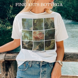 May include: White t-shirt featuring a collage of nine paintings by Jean-Honoré Fragonard. The text "JEAN-HONORE FRAGONARD" is printed below the collage.