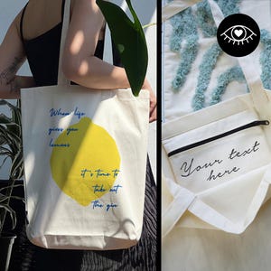 SAC CABAS 100% coton avec POCHE INTÉRIEURE et fermeture éclair / Sac en tissu sac en jute tissu épais / Quand la vie vous donne des citrons
