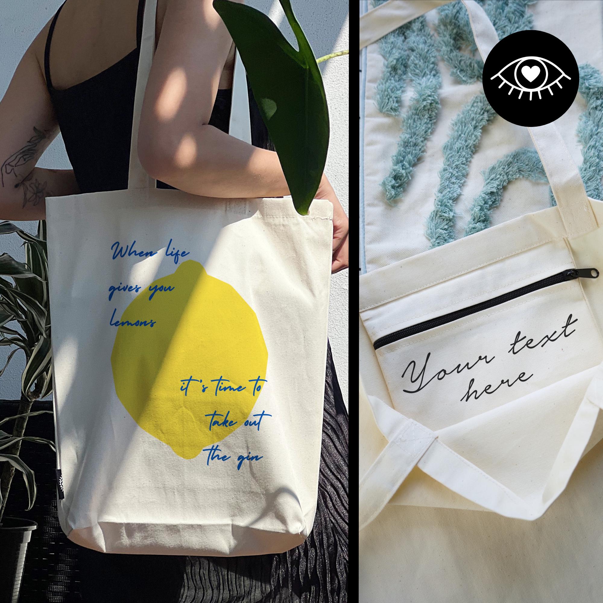 TOTE BAG 100 % Baumwolle mit INNENTASCHE und Reißverschluss/ Stofftasche Jutebeutel dicker Stoff / When Life Gives You Lemons