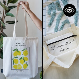 JUTEBEUTEL 100 % Baumwolle mit INNENTASCHE und Reißverschluss / Personalisierbar / Stoffbeutel dicker Stoff / Tote Bag Zitronen