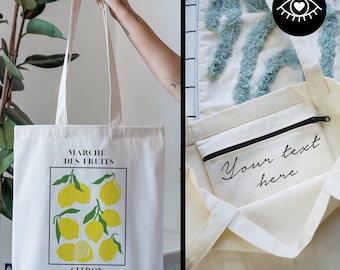 JUTE BAG 100% cotton with INNER POCKET and zipper / Personalizable / Fabric bag thick fabric / Tote Bag Lemons