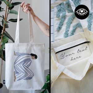 SAC JUTE 100% coton avec POCHE INTÉRIEURE et fermeture éclair / Personnalisable / Sac en tissu tissu épais / Tote bag art