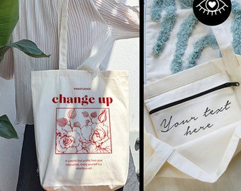 JUTE BAG 100% cotton with INNER POCKET and zipper / Personalizable / Fabric bag thick fabric / Tote Bag Y2K