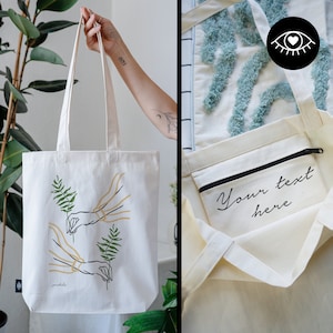 SAC JUTE 100% coton avec POCHE INTÉRIEURE et fermeture éclair / Personnalisable / Sac en tissu tissu épais / Tote Bag Y2K