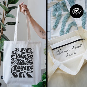SAC JUTE 100% coton avec POCHE INTÉRIEURE et fermeture éclair / Personnalisable / Sac en tissu tissu épais / Tote bag imprimé noir