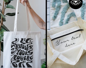 JUTE BAG 100% cotton with INNER POCKET and zipper / Customizable / Fabric bag thick fabric / Tote Bag black print