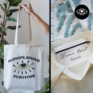 JUTEBEUTEL 100 % Baumwolle mit INNENTASCHE und Reißverschluss / Personalisierbar / Stoffbeutel dicker Stoff / Tote Bag Mansplaining