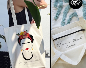 JUTE BAG 100% cotton with INNER POCKET and zipper / Personalizable / Fabric bag thick fabric / Tote Bag Frida