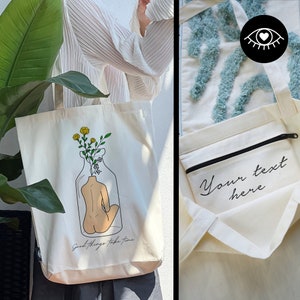 SAC JUTE 100% coton avec POCHE INTÉRIEURE et fermeture éclair / Personnalisable / Sac en tissu tissu épais / Tote bag