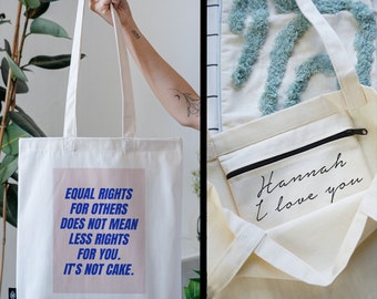 TOTE BAG 100 % Baumwolle mit INNENTASCHE und Reißverschluss/ Stofftasche Jutebeutel dicker Stoff / Equal Rights Typo