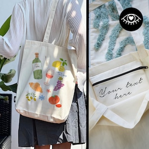 SAC CABAS 100% coton avec POCHE INTÉRIEURE et fermeture éclair / sac en tissu sac en jute tissu épais / bouteille de vin et verre à vin
