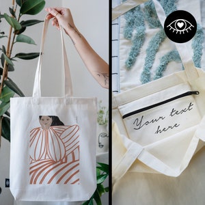 SAC JUTE 100% coton avec POCHE INTÉRIEURE et fermeture éclair / Personnalisable / Sac en tissu tissu épais / Tote bag art