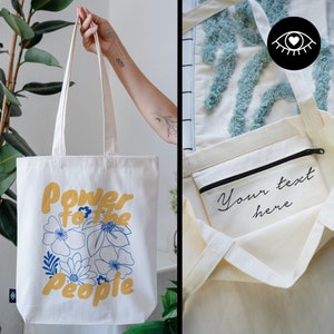 SAC EN JUTE 100% coton avec POCHE INTÉRIEURE et fermeture éclair / Personnalisable / Sac en tissu épais / Sac fourre-tout Power to the People