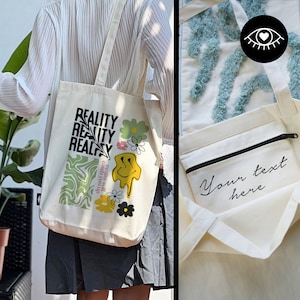 SAC EN JUTE 100% coton avec POCHE INTÉRIEURE et fermeture éclair / Personnalisable / Sac en tissu épais / Sac fourre-tout Y2K