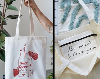 JUTEBEUTEL 100 % Baumwolle mit INNENTASCHE und Reißverschluss / Personalisierbar / Stoffbeutel dicker Stoff / Self Love Tote Bag Kawaii