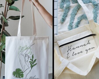 JUTEBEUTEL 100 % Baumwolle mit INNENTASCHE und Reißverschluss / Personalisierbar / Stoffbeutel dicker Stoff / Tote Bag Abtrakt