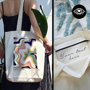 SAC JUTE 100% coton avec POCHE INTÉRIEURE et fermeture éclair / Personnalisable / Sac en tissu tissu épais / Tote Bag Y2K